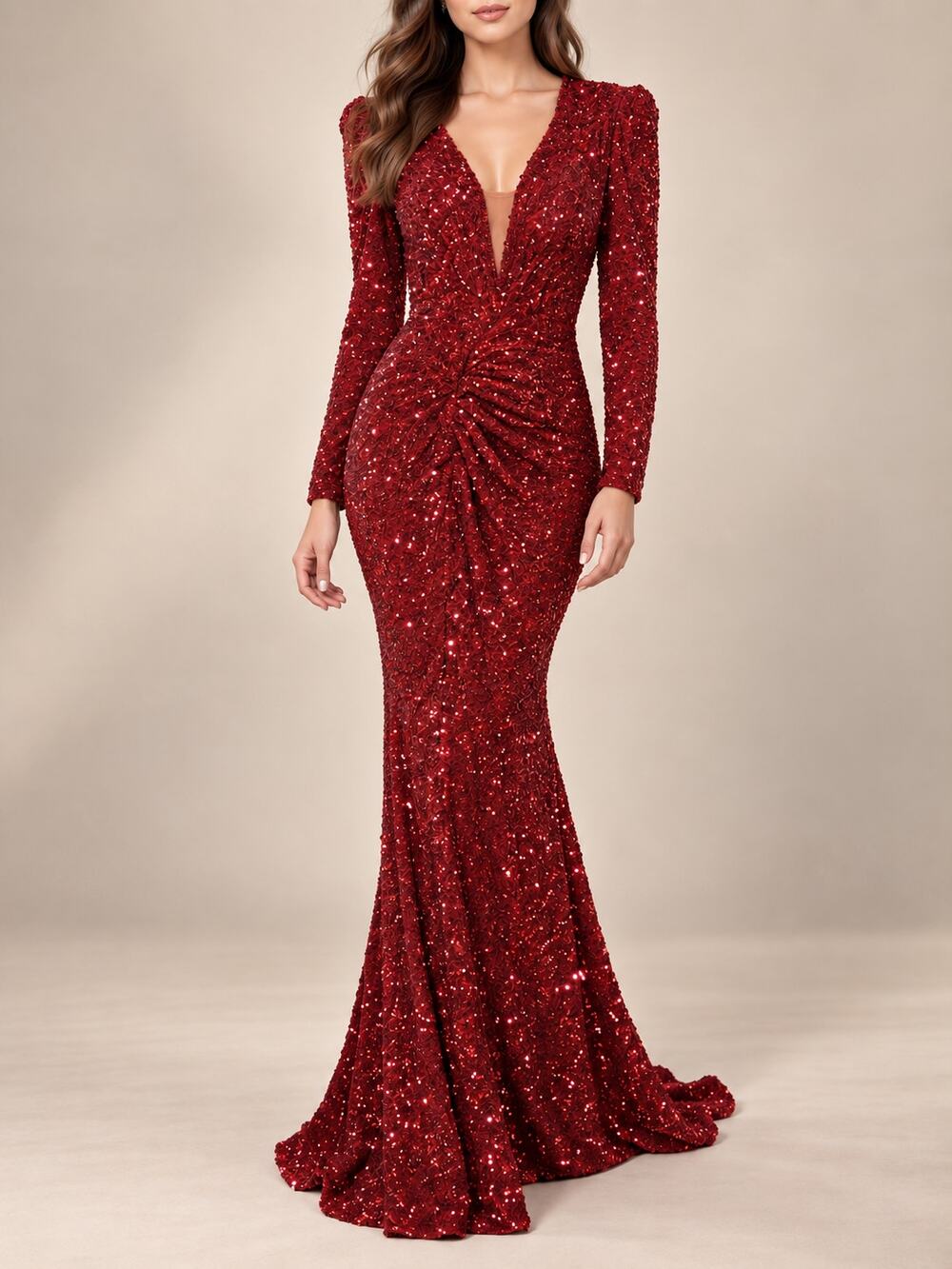 Portia & Scarlett Sequin Dress Womens 0 Red Plunging V-Neck Formal Prom Gown